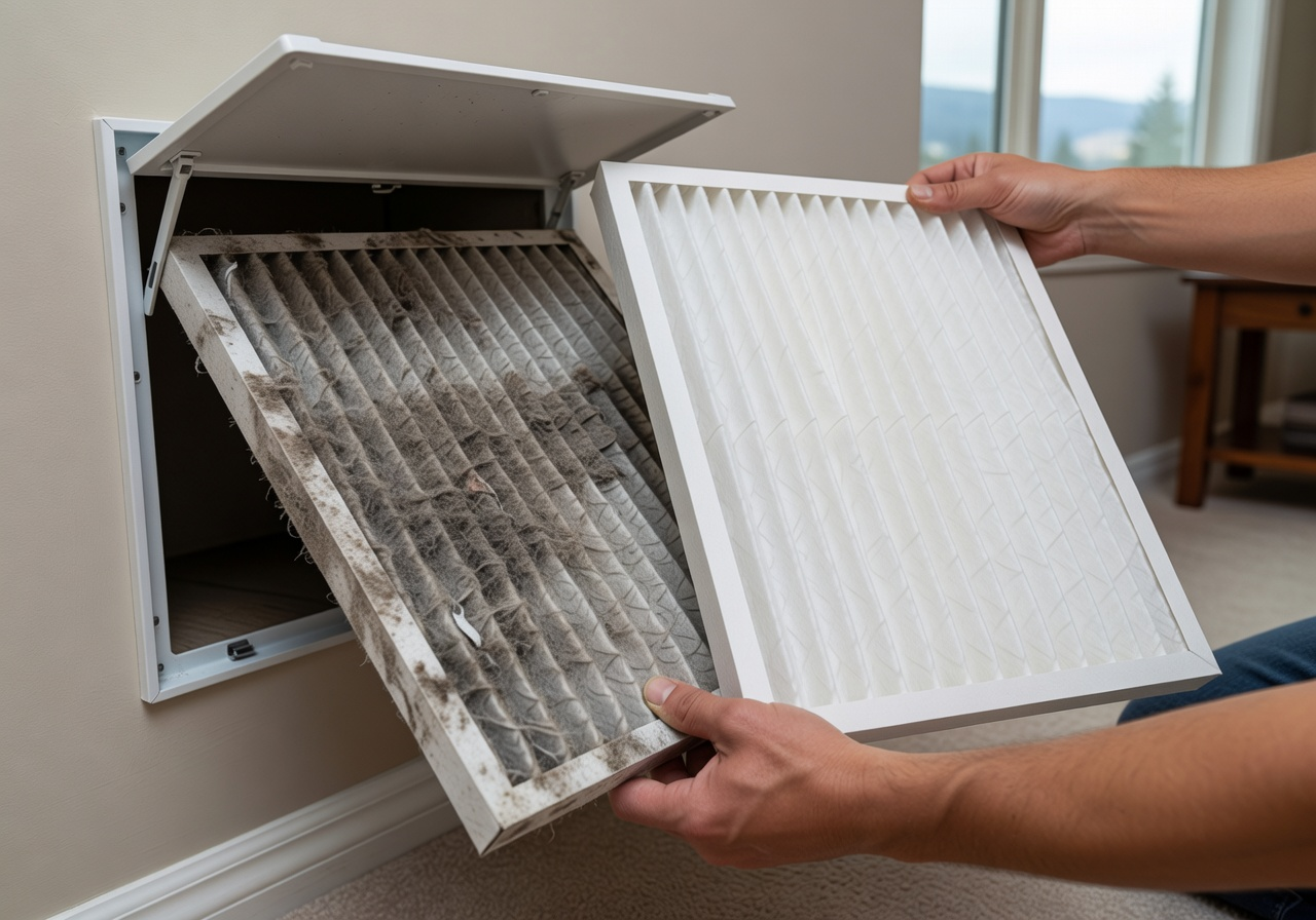 Side-by-side comparison of dirty vs clean HVAC filter replacement in Abbotsford home