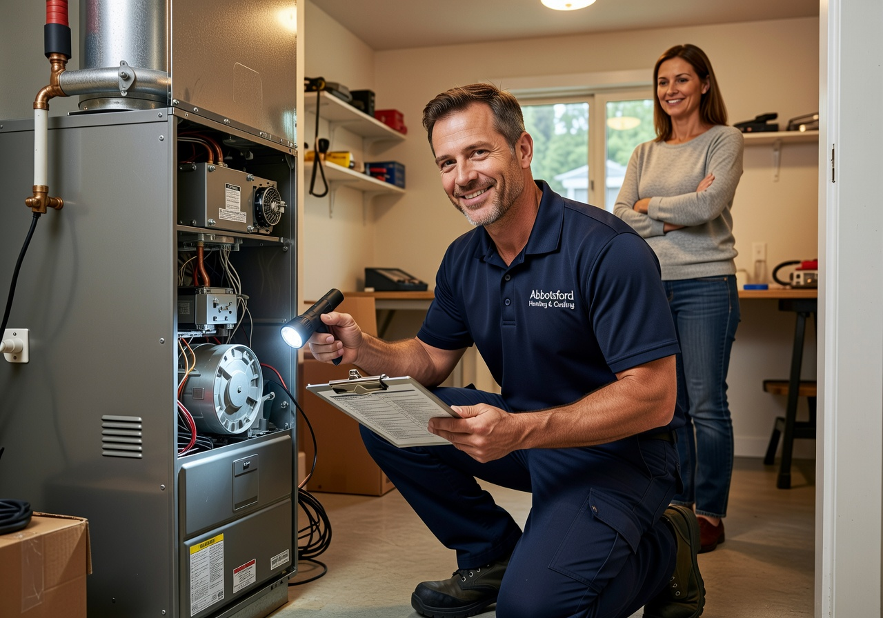HVAC technician with clipboard inspecting furnace with homeowner observing, Abbotsford BC